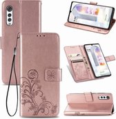 Voor LG Velvet 5G vierbladige gesp reliëf gesp mobiele telefoon bescherming lederen tas met lanyard & kaartsleuf & portemonnee & beugel functie (rose goud)