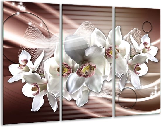 GroepArt - Schilderij -  Orchidee, Bloemen - Grijs, Bruin - 120x80cm 3Luik - 6000+ Schilderijen 0p Canvas Art Collectie