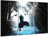 Glasschilderij Paard, Dieren - Blauw, Zwart, Wit - 120x80cm 3Luik - Foto Op Glas - Geen Acrylglas Schilderij - GroepArt 6000+ Glas Art Collectie - Maatwerk Mogelijk