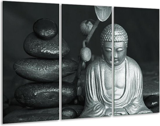 Glasschilderij Boeddha, Stenen - Grijs, Groen, Zwart - 120x80cm 3Luik - Foto Op Glas - Geen Acrylglas Schilderij - GroepArt 6000+ Glas Art Collectie - Maatwerk Mogelijk