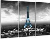 Glasschilderij Parijs, Eiffeltoren - Zwart, Wit, Blauw - 120x80cm 3Luik - Foto Op Glas - Geen Acrylglas Schilderij - GroepArt 6000+ Glas Art Collectie - Maatwerk Mogelijk