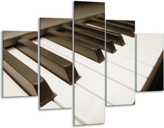 Glasschilderij -  Muziek, Piano - Sepia - 100x70cm 5Luik - Geen Acrylglas Schilderij - GroepArt 6000+ Glasschilderijen Collectie - Wanddecoratie- Foto Op Glas