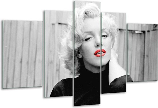 Glasschilderij Marilyn Monroe - Zwart, Wit, Rood - 170x100cm 5Luik - Foto Op Glas - Geen Acrylglas Schilderij - 6000+ Glasschilderijen Collectie - Wanddecoratie