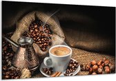 GroepArt - Schilderij - Koffie. Keuken Bruin. Geel. Luik - Wit, Bruin En Geel - 70 X 120 Cm