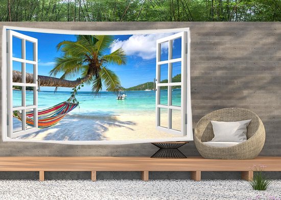 Ulticool - Doorkijk Strand Zee Palmboom Hangmat - Wandkleed  Poster - 200x150 cm - Groot wandtapijt -  Tuinposter Tapestry - Schilderij Decoratie Tuin Versiering Accessoire voor zowel buiten als Muurdecoratie in woonkamer