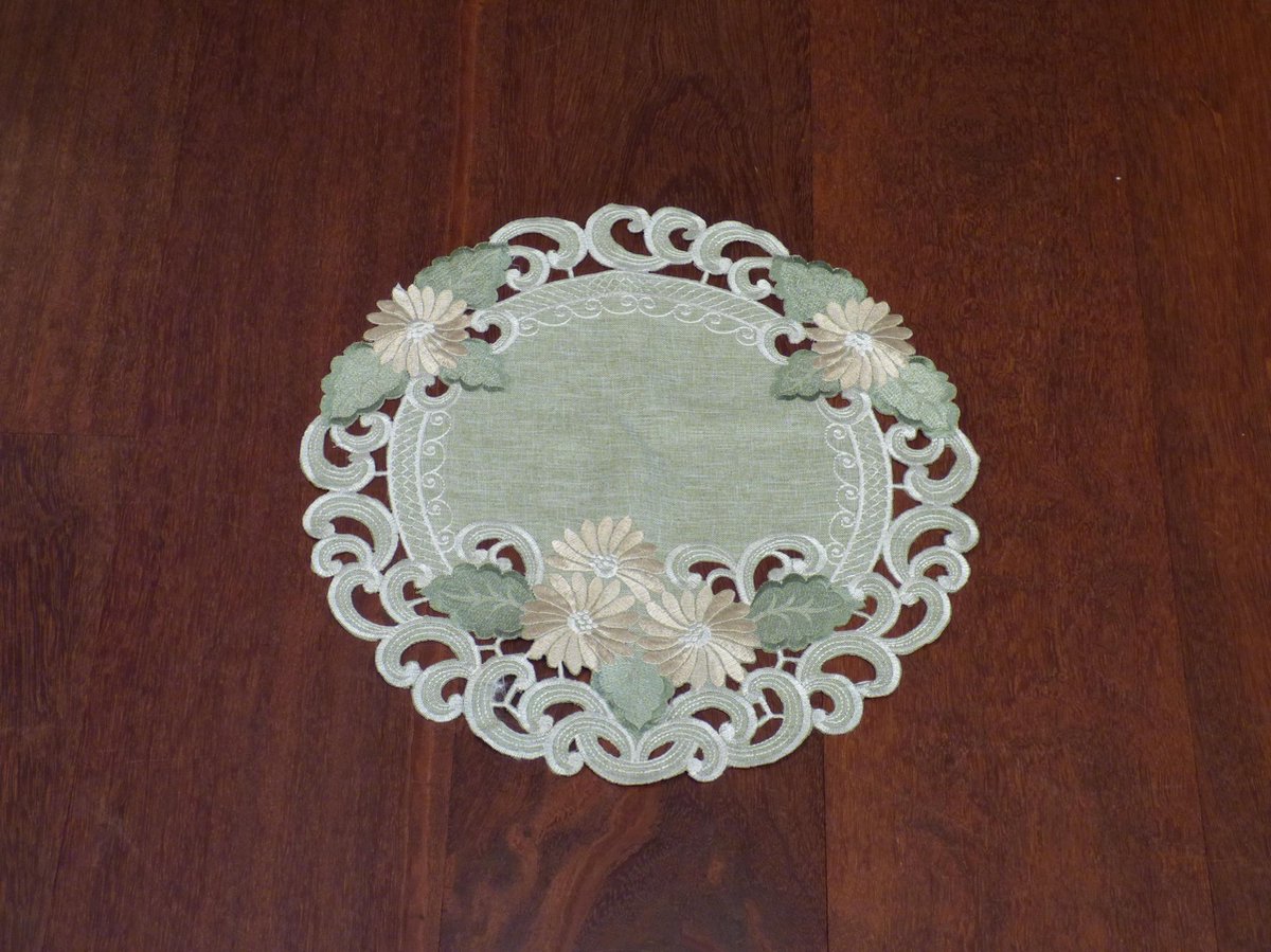 Tafelkleed - Linnenlook - Groen met bloemen - Rond 40 cm
