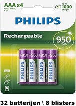 Philips AAA oplaadbare batterij - 950mAh - 32 batterijen ( 8 blisters a 4 stuks )