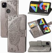 Voor Google Pixel 4A vlinder liefde bloem reliëf horizontale flip lederen tas met beugel / kaartsleuf / portemonnee / lanyard (grijs)