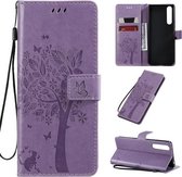 Voor Sony Xperia 1 II Tree & Cat Pattern Pressed Printing Horizontale Flip PU lederen tas met houder & kaartsleuven & portemonnee & lanyard (lichtpaars)