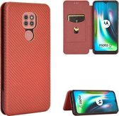 Voor Motorola Moto G9 / G9 Play Carbon Fiber Texture Magnetische Horizontale Flip TPU + PC + PU Leather Case met Card Slot & Lanyard (Bruin)