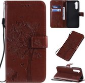Voor OPPO Reno 6 Pro boom & kat patroon geperste print horizontale flip PU lederen tas met houder & kaartsleuven & portemonnee & koort (bruin)