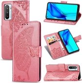 Voor Huawei Honor Play 4 Vlinder Liefde Bloem Reliëf Horizontale Flip Leren Case met Beugel / Kaartsleuf / Portemonnee / Lanyard (Roze)