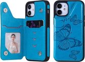 Vlinder reliëfpatroon schokbestendig beschermhoesje met houder & kaartsleuven & fotolijst voor iPhone 12 mini (blauw)