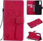 Voor OPPO Realme 7 Tree & Cat Pattern Pressed Printing Horizontale Flip PU lederen tas met houder & kaartsleuven & portemonnee & lanyard (Rose Red)