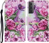 Voor Samsung Galaxy S21 5G Gekleurde Tekening Patroon Horizontale Flip PU Lederen Case met Houder & Kaartsleuven & Portemonnee & Lanyard (Rose Vlinder)