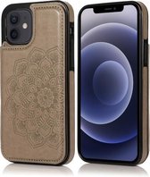 Mandala-patroon met dubbele gesp PU + TPU-beschermhoes met kaartsleuven en houder & fotolijst voor iPhone 12 mini (grijs)