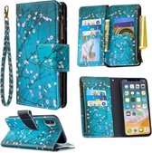 Voor iPhone XS / X Gekleurd tekeningpatroon Rits Horizontaal leren flip-hoesje met houder & kaartsleuven & portemonnee (pruimenbloesem)