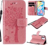 Voor iPhone 12 mini Tree & Cat Reliëfpatroon Horizontale Flip Leren Case met Houder & Kaartsleuven & Portemonnee & Lanyard (Roze)