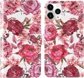 Voor iPhone 12 mini 3D-schilderij Gekleurd tekenpatroon Horizontaal Flip TPU + PU-lederen hoes met houder & kaartsleuven & portemonnee & lanyard (kleine rode bloem)