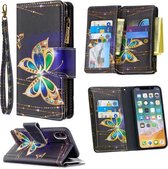 Voor iPhone XS / X Gekleurde tekeningpatroon Rits Horizontale flip lederen tas met houder & kaartsleuven en portemonnee (grote vlinder)