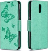 Voor Nokia 2.3 Twee vlinders reliëfpatroon Horizontale flip lederen tas met houder & kaartsleuf & portemonnee & lanyard (groen)