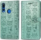 Voor Huawei P Smart Z / Y9 Prime2019 Leuke Kat en Hond Reliëf Horizontale Flip PU Leren Case met Houder / Kaartsleuf / Portemonnee / Lanyard (Grasgroen)