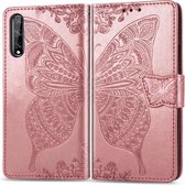 Voor Huawei Y8P / Enjoy 10S Vlinder Liefde Bloem Reliëf Horizontale Flip Leren Case met Beugel / Kaartsleuf / Portemonnee / Lanyard (Rose Goud)
