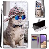 Voor Samsung Galaxy A32 5G Gekleurde Tekening Cross Textuur Horizontale Flip PU Lederen Case met Houder & Kaartsleuven & Portemonnee & Lanyard (Slant Hat Blue Mirror Cat)