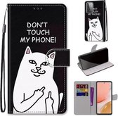 Voor Samsung Galaxy A72 5G Gekleurde Tekening Cross Textuur Horizontale Flip PU Lederen Case met Houder & Kaartsleuven & Portemonnee & Lanyard (Middelvinger Witte Kat)