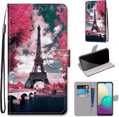 Voor Samsung Galaxy A02 / M02 Gekleurde tekening Cross Texture Horizontale Flip PU lederen tas met houder & kaartsleuven & portemonnee & lanyard (Pink Flower Tower Bridge)