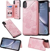 Voor iPhone XS Max Butterfly Embossing Pattern Schokbestendige beschermhoes met houder & kaartsleuven en fotolijst (roségoud)