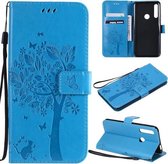 Tree & Cat Pattern Pressed Printing Horizontale Flip PU lederen tas met houder & kaartsleuven & portemonnee & lanyard voor Huawei P Smart Z / Y9 Prime 2019 (blauw)