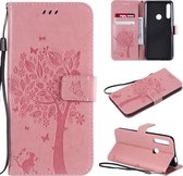 Tree & Cat Pattern Pressed Printing Horizontale Flip PU lederen tas met houder & kaartsleuven & portemonnee & lanyard voor Huawei P Smart Z / Y9 Prime 2019 (roze)