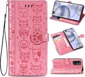 Voor Huawei Honor 30 Pro / 30 Pro + mooie kat en hond reliëfpatroon horizontale flip lederen tas, met houder & kaartsleuven & portemonnee & cartoon sluiting & lanyard (roze)