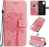 Voor Galaxy A71 Tree & Cat Pattern Pressed Printing Horizontale Flip PU lederen tas met houder & kaartsleuven & portemonnee & lanyard (roze)