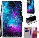 Voor Samsung Galaxy S21 Ultra 5G Gekleurde tekening Cross Texture Horizontale Flip PU lederen tas met houder & kaartsleuven & portemonnee & lanyard (paarsgroene sterrenhemel)