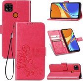Voor Xiaomi Redmi 9C Vierbladige sluiting Reliëfgesp Horizontale flip TPU + PU lederen tas met lanyard & kaartsleuf & portemonnee & houder (magenta)