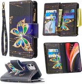 Voor iPhone 12 mini Gekleurde Tekening Patroon Rits Horizontale Flip Leren Case met Houder & Kaartsleuven & Portemonnee (Grote Vlinder)