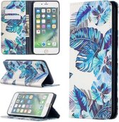 Gekleurd tekenpatroon Onzichtbare magnetische horizontale Flip PU lederen tas met houder & kaartsleuven & portemonnee voor iPhone 8 Plus & 7 Plus (blauwe bladeren)