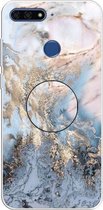 Voor Huawei Honor 7A reliëf gelakt marmer TPU beschermhoes met houder (goudgrijs)