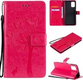 Voor LG K52 Tree & Cat Pattern Pressed Printing Horizontale Flip PU Leather Case met houder & kaartsleuven & portemonnee & Lanyard (Rose Red)