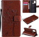 Voor OPPO A53 (2020) / A32 Boom & Kat Patroon Geperst Afdrukken Horizontale Flip PU Leren Case met Houder & Kaartsleuven & Portemonnee & Lanyard (Koffie)