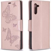 Twee vlinders reliëfpatroon horizontale flip lederen tas met houder & kaartsleuf & portemonnee & lanyard voor Galaxy Note10 (roségoud)