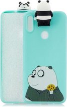 Voor Galaxy A11 Cartoon schokbestendige TPU beschermhoes met houder (beugel gestreepte beer)