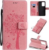 Voor Galaxy S20 Ultra Tree & Cat Pattern Pressed Printing Horizontale Flip PU lederen tas met houder & kaartsleuven & portemonnee & lanyard (roze)