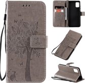 Voor Galaxy A51 Tree & Cat Pattern Pressed Printing Horizontale Flip PU lederen tas met houder & kaartsleuven & portemonnee & lanyard (grijs)