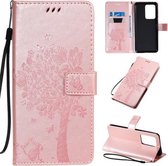 Voor Galaxy S20 Ultra Tree & Cat Pattern Pressed Printing Horizontale Flip PU Leather Case met houder & kaartsleuven & portemonnee & Lanyard (Rose Gold)