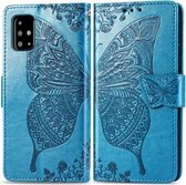 Voor Galaxy A51 Butterfly Love Flower reliëf horizontale flip lederen tas met beugel / kaartsleuf / portemonnee / lanyard (blauw)