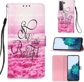 Voor Samsung Galaxy 21 5G 3D Schilderen Horizontale Flip Leren Case met Houder & Kaartsleuf & Portemonnee & Lanyard (Roze Wolken)
