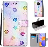 Voor Huawei Y9a Gekleurde Tekening Cross Textuur Horizontale Flip PU Lederen Case met Houder & Kaartsleuven & Portemonnee & Lanyard (Voetafdruk Waterdruppels)